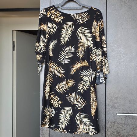 🐸 H&M KLEID TUNIKA 38 OFFENE ÄRMEL SCHWARZ PALMEN DESSIN