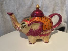 Elefanten Teekanne handbemalt Gold Rot farbig Vintage Deko