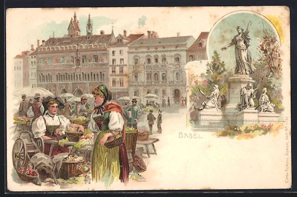 Cartoline postali: AK Basel, Markt, Denkmal – Usato da Berlin venduto da bartko-reher