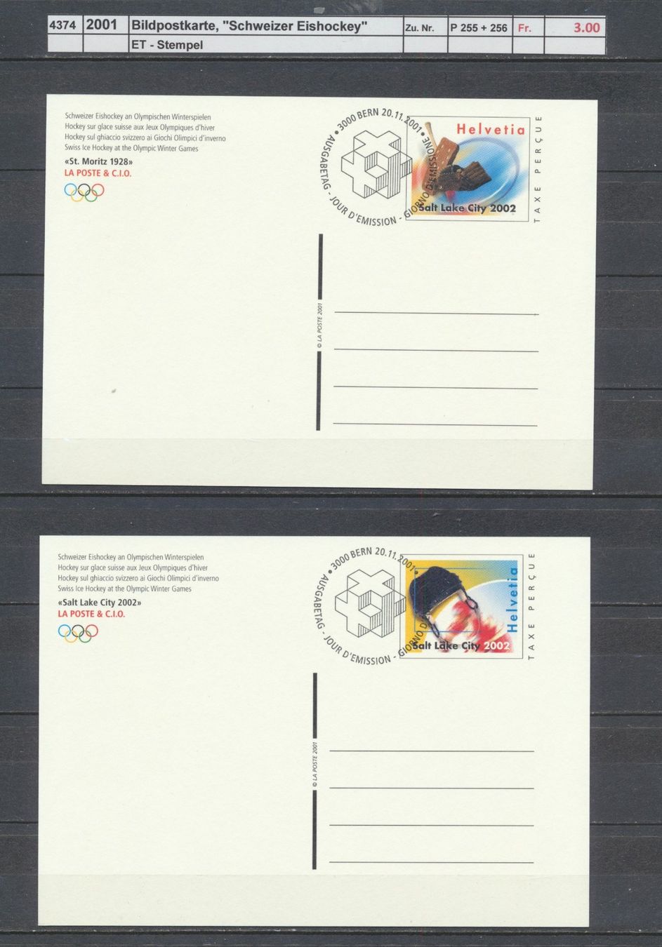 Tous les timbres: 2001 Bildpostkarten, "Schweizer Eishockey", ET - Stempel – D'occasion à Winterthur par Zupogeru