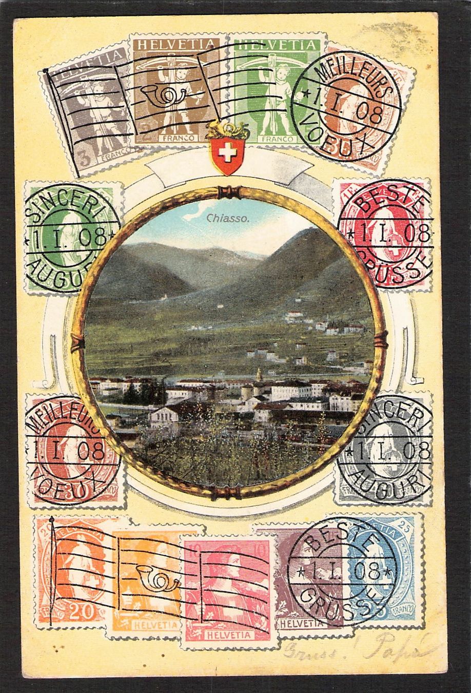 Cartoline postali: Ak Chiasso , Briefmarkensprache , gel. 1908 – Usato da Reichenburg venduto da Pipo-67