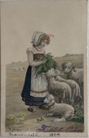 Ostern, Künstlerkarte, Mädchen, Schafe, Lämmer, 1907