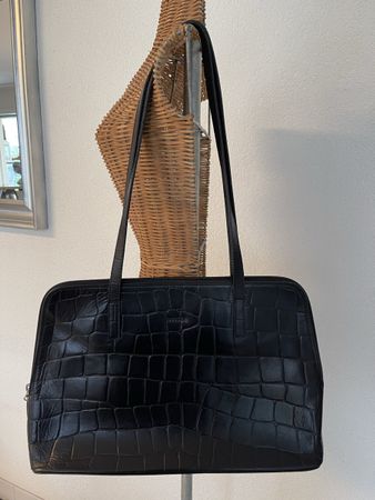 Disser, Vintage Handtasche, Leder, Kroko-Optik, Schwarz
