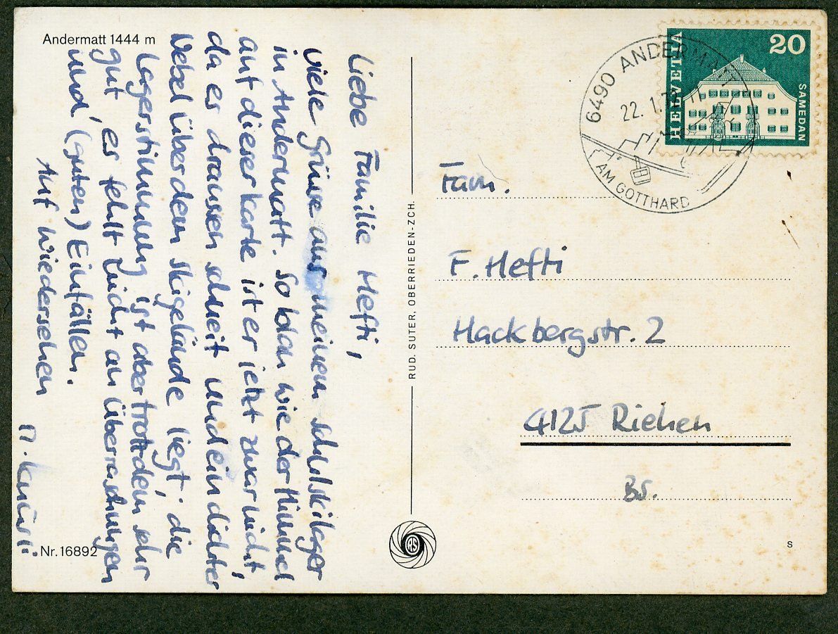 Cartoline postali: AK col Andermatt UR ≈ 1972  – Usato da Basel venduto da Arkouda 1