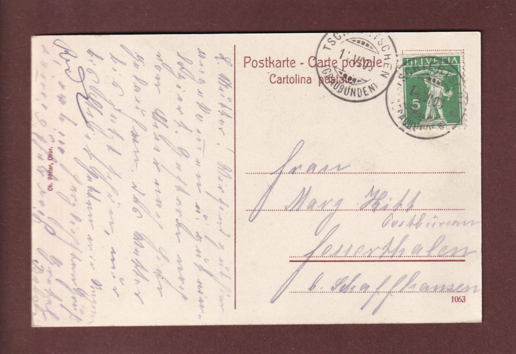 Cartoline postali: TSCHIERTSCHEN - Urdensee - Hörnli - 1909 – Usato da Pully venduto da nicecards 1