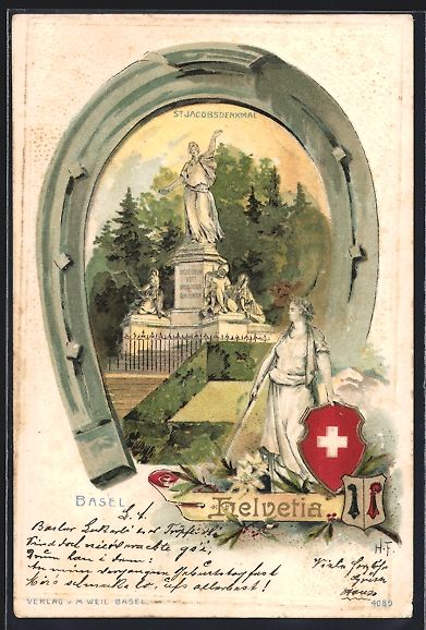 Ansichtskarten: Präge-Lithographie Basel, St. Jacobs-De – Gebraucht aus Berlin von bartko-reher