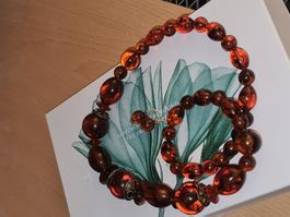 Vintage Bernstein Halskette mit Ohrringen, Set Herbstfarben