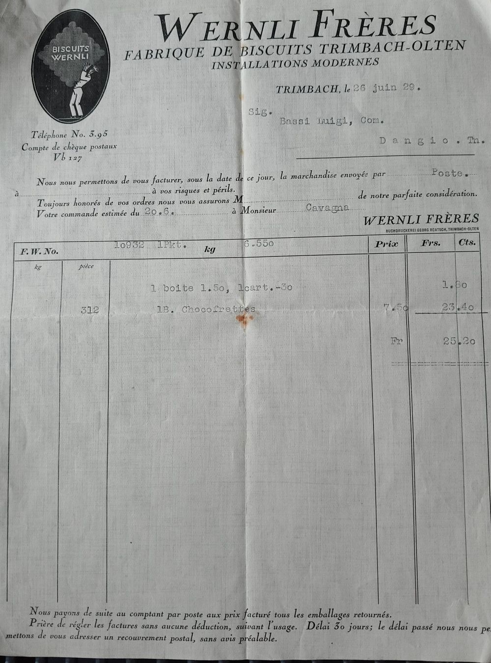 Documenti: Wernli Frères Trimbach 1929 – Usato da Biasca venduto da Elia2002