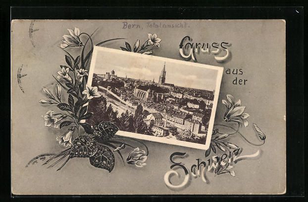 Cartoline postali: AK Bern, Totalansicht mit Blumen umrahmt – Usato da Berlin venduto da bartko-reher