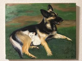 Ölgemälde: Deutscher Schäferhund und Katze, 50x40cm