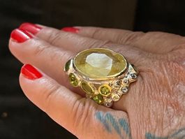 40cts Yellow Sapphire & Peridots 9kGold Vermeil SS925 Ring