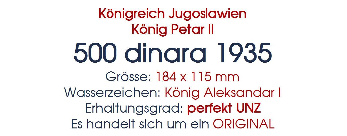 Banconote: 500 Dinar 1935 UNZ – Nuovo (secondo la descrizione) da Flamatt venduto da samowarow 1