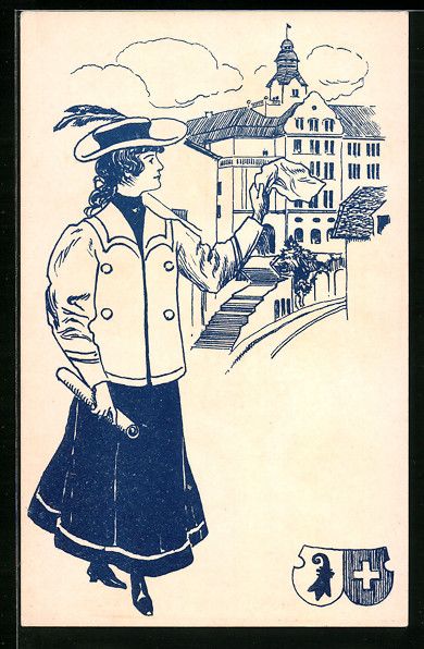 Cartoline postali: Basel, Ortspartie, Dame mit Taschentuch – Usato da Berlin venduto da bartko-reher