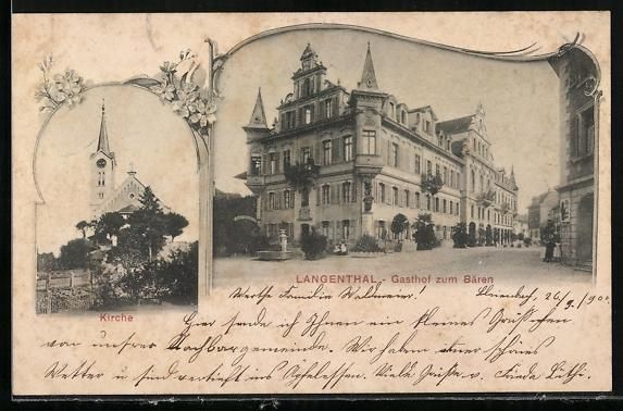Cartoline postali: Langenthal, Gasthaus zum Bären, Kirche – Usato da Berlin venduto da bartko-reher