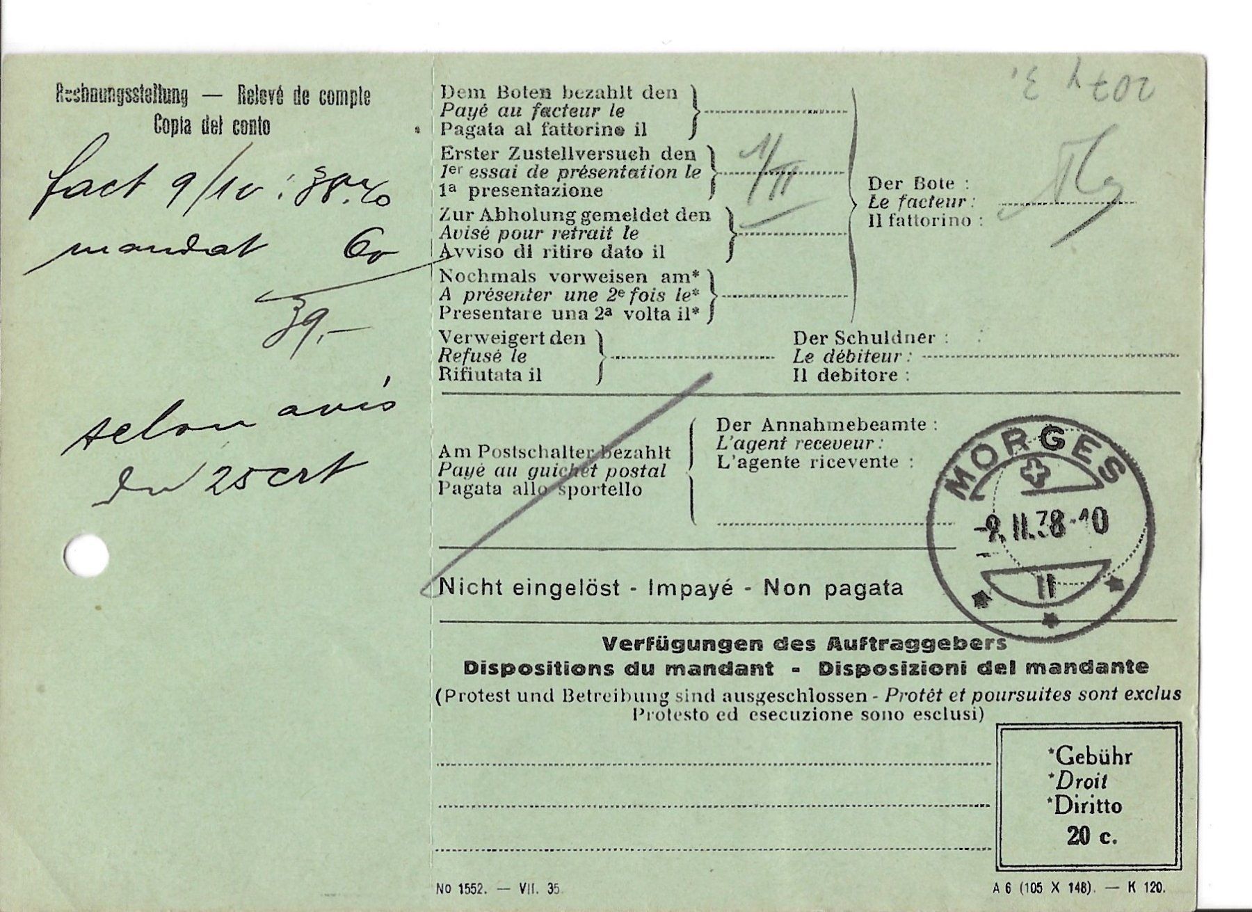 Tutti i francobolli: R-Brief, Einzugsauftrag, Morges, 1938 – Usato da Frauenfeld venduto da Merk52 1