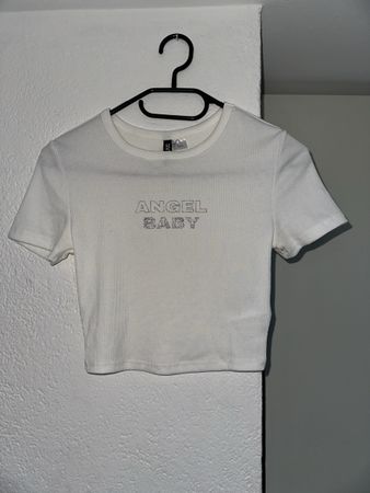 Crop Top H&M weiss mit Glitzerprint Schriftzug in Grösse XS