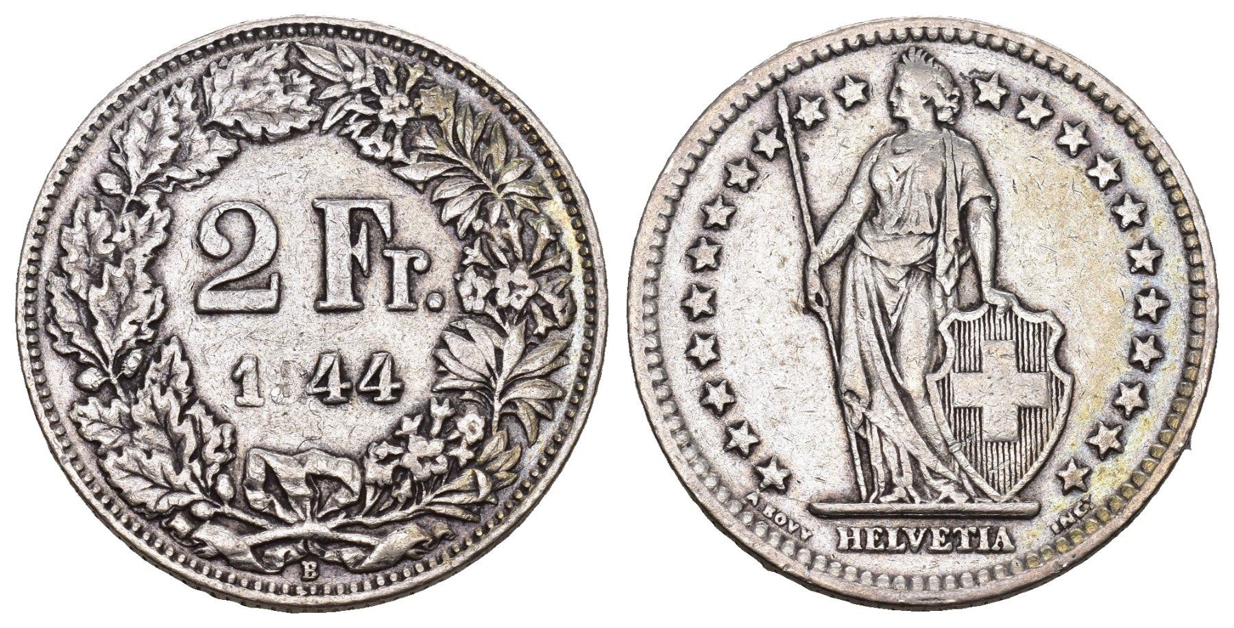 Tutti le monete: Schweiz 1944 2 Frankne Abart – Usato da Bern venduto da numismatictops