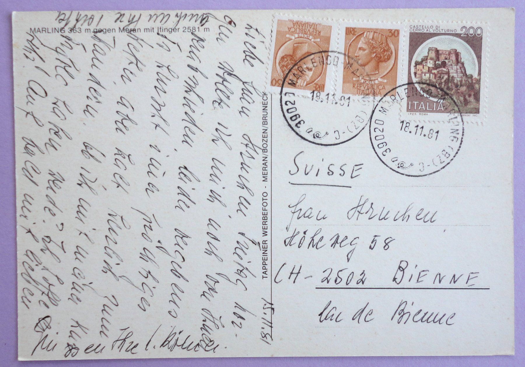 Cartoline postali: Marling gegen Meren mit Ifinger 2581 m – Usato da Fétigny venduto da Billy2miny 1