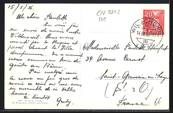 Cartoline postali: AK Gsteig, Kirche mit Jungfrau, 1936 – Usato da Berlin venduto da bartko-reher 1