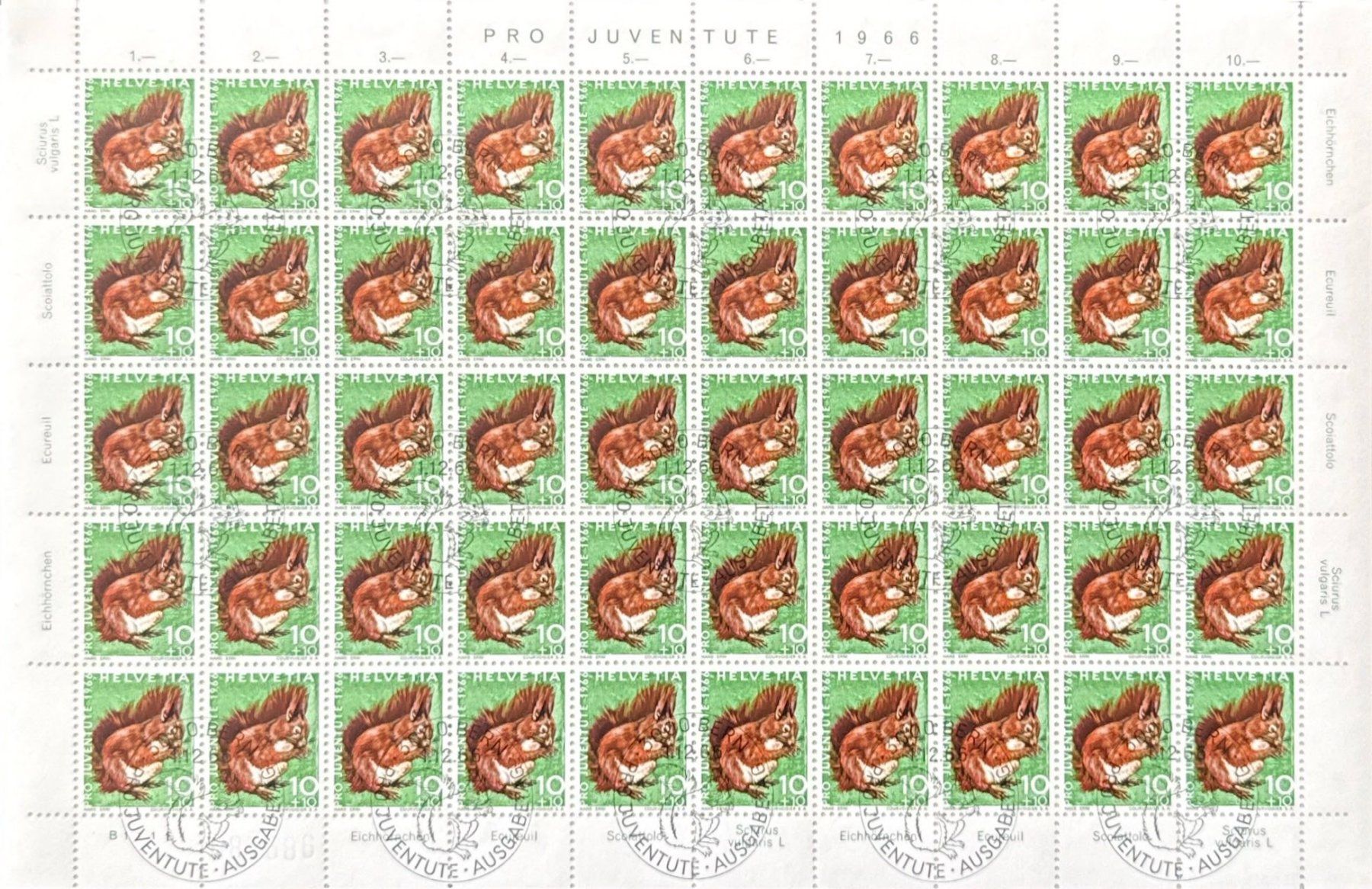 Alle Briefmarken: Schweiz PJ 1966 Vollbogen Eichhörnchen J193 Ersttagsstempel – Gebraucht aus Caslano von alaniselin