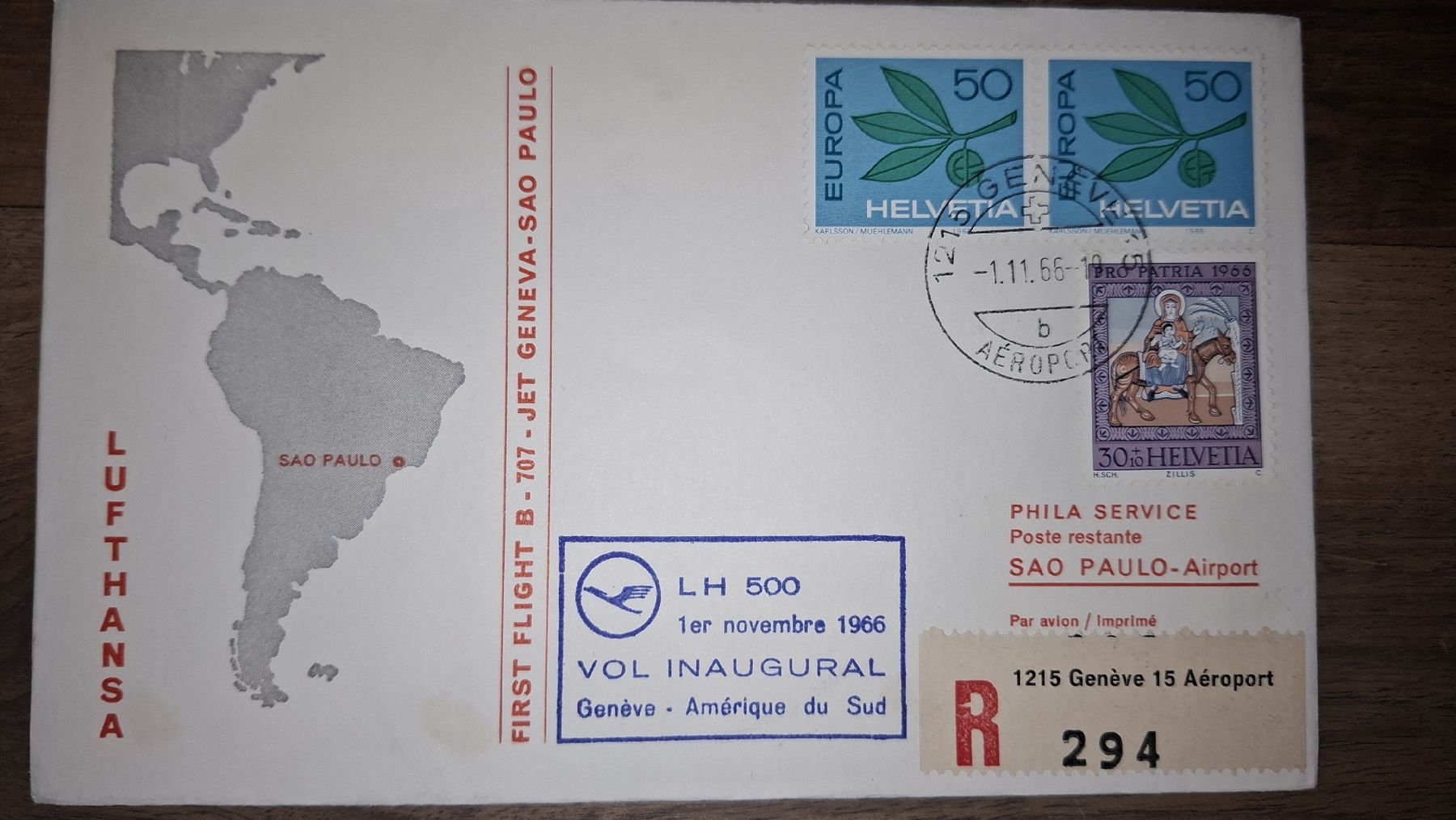 Alle Briefmarken: Lufthansa Geneva - Sao Paulo 01.11.1966 – Gebraucht aus Balgach von SIMEON27
