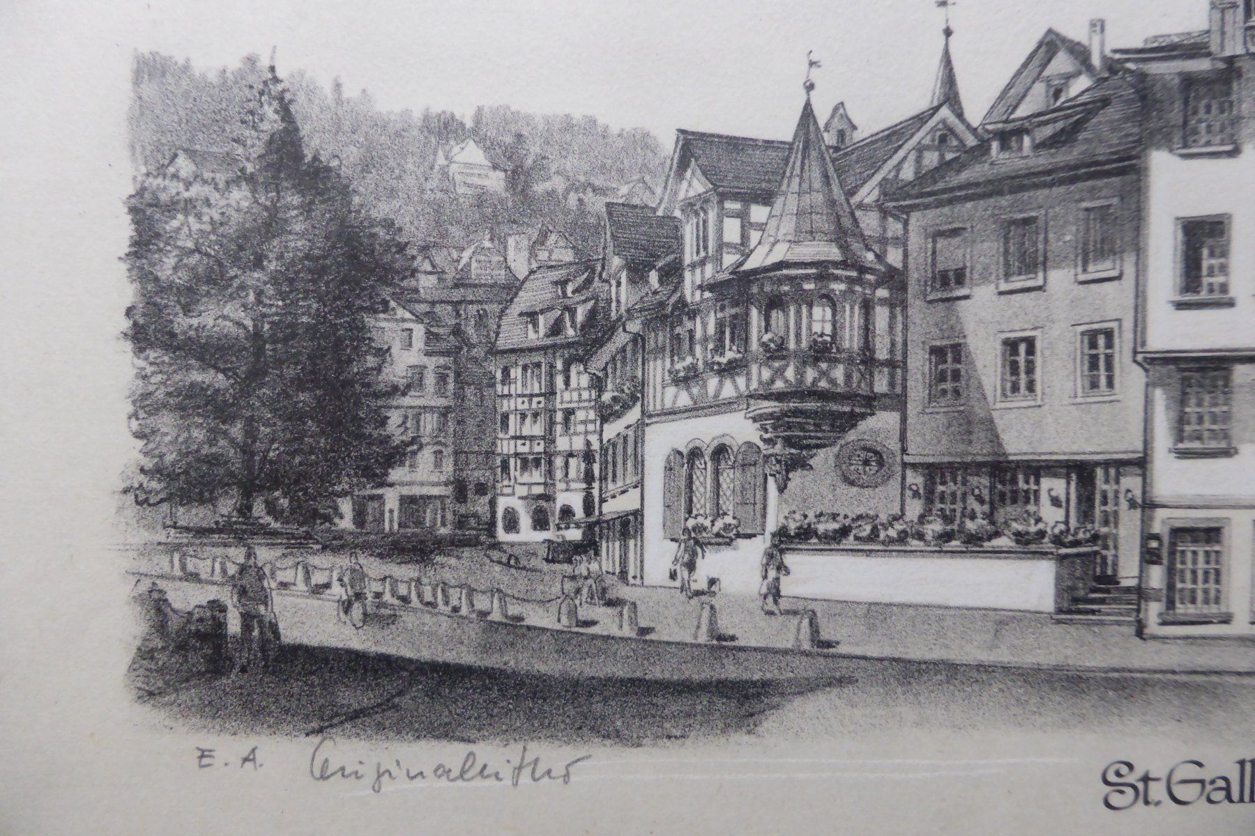 Grafiken & Lithographien: H.R.Schmid - Gallusplatz St.Gallen sig.+num - Originallitho – Neu (gemäss Beschreibung) aus Brunnadern von lavendel 1