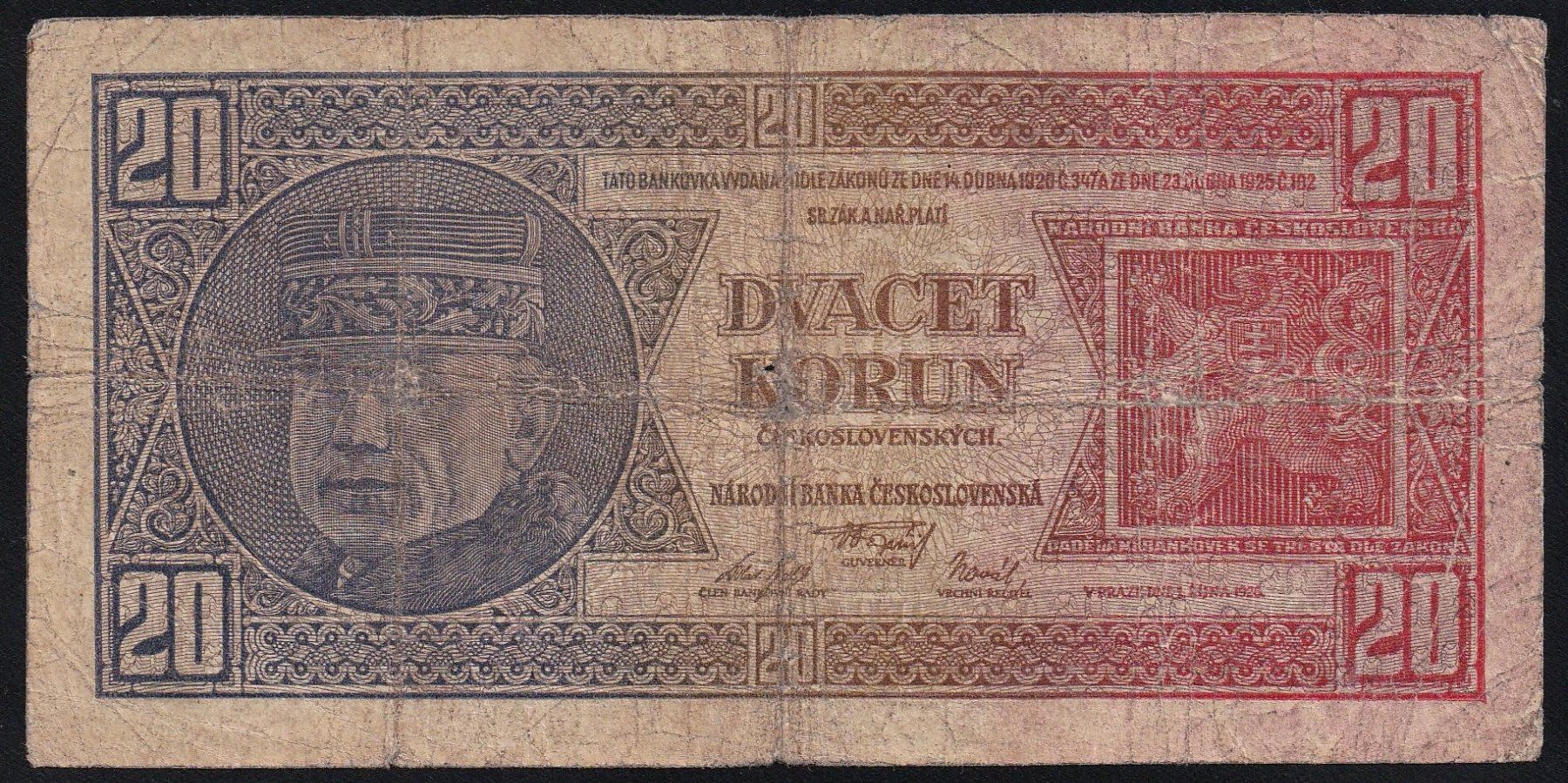 Banknoten: Tschechoslowakei 20 Korun 1926 – Gebraucht aus Brugg AG von banknoten_muesli 1