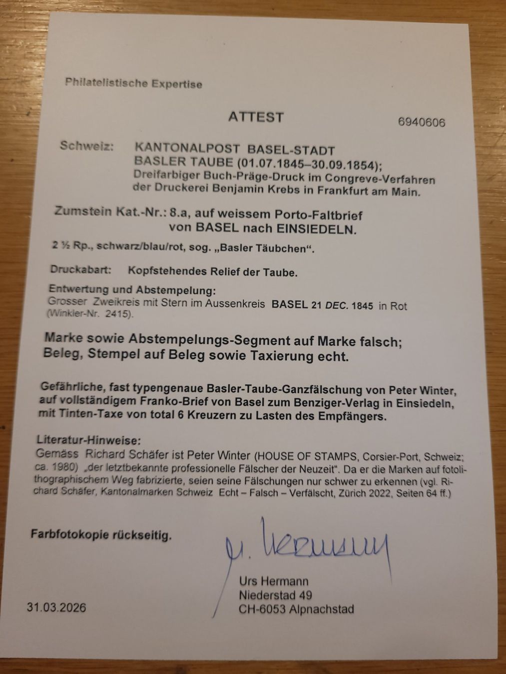 Alle Briefmarken: Peter Winter, fast typengenaue Basler Tauben Fälschung – Gebraucht aus Uesslingen von WHALESTAMPS 1