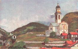 Tiefencastel (GR) – Pfarrkirche und Rhätische Bahnlinie