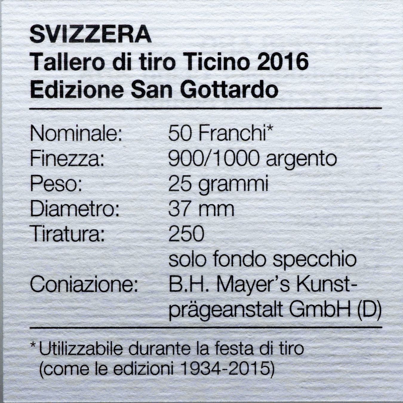 Tutti le monete: 50 Franken 2016, Tiro cantonale Ticinese / San Gottardo – Usato da Lugano venduto da Numisartes 2
