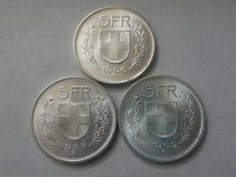 3 x  5 Fr. silber  unz/stgl  1966/67/69
