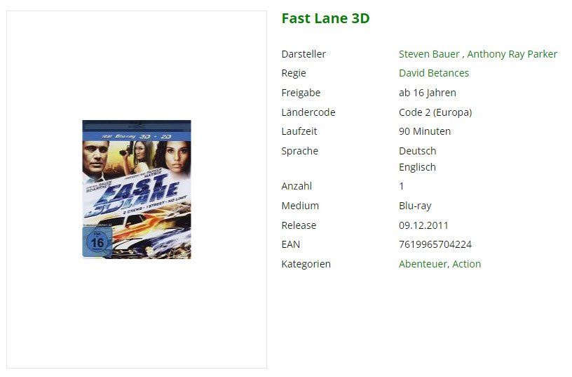 Tutti i DVDs: Fast Lane (Bluray 2D + 3D) – Usato da Emmetten venduto da SVollenweider