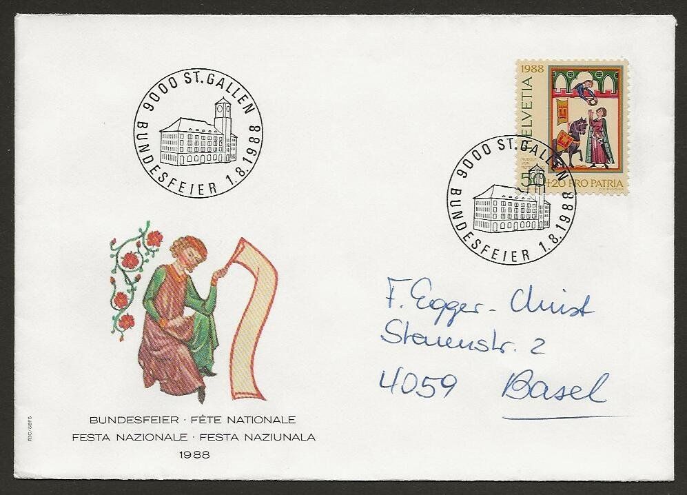 Tutti i francobolli: 1988   Brief Bundesfeier, 1. August,  ST. GALLEN – Usato da Arlesheim venduto da kuhnphila