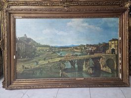 Tableau paysage avec cadre doré, 68 x 115 cm, état usagé