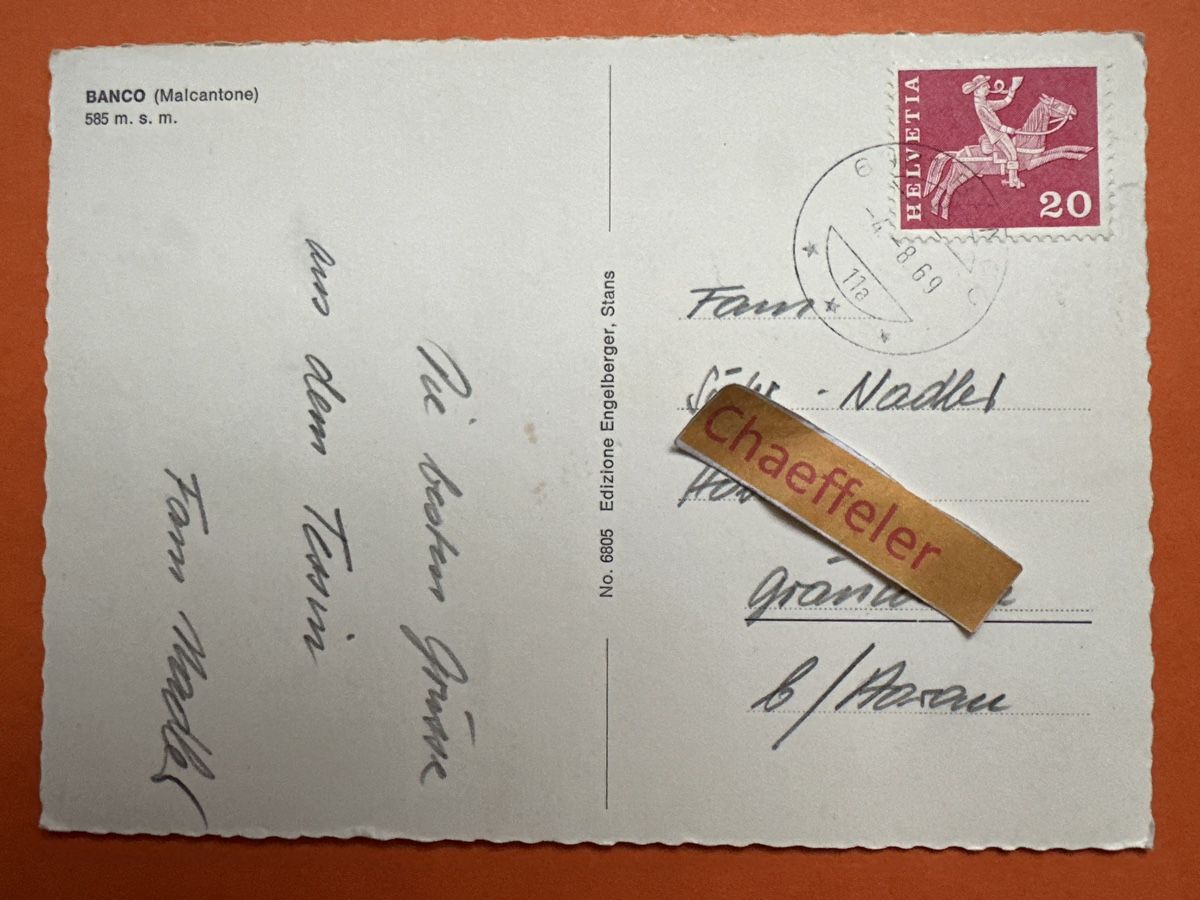 Cartoline postali: 1969 Banco ( Malcantone ) – Usato da Zürich venduto da Chaeffeler 1