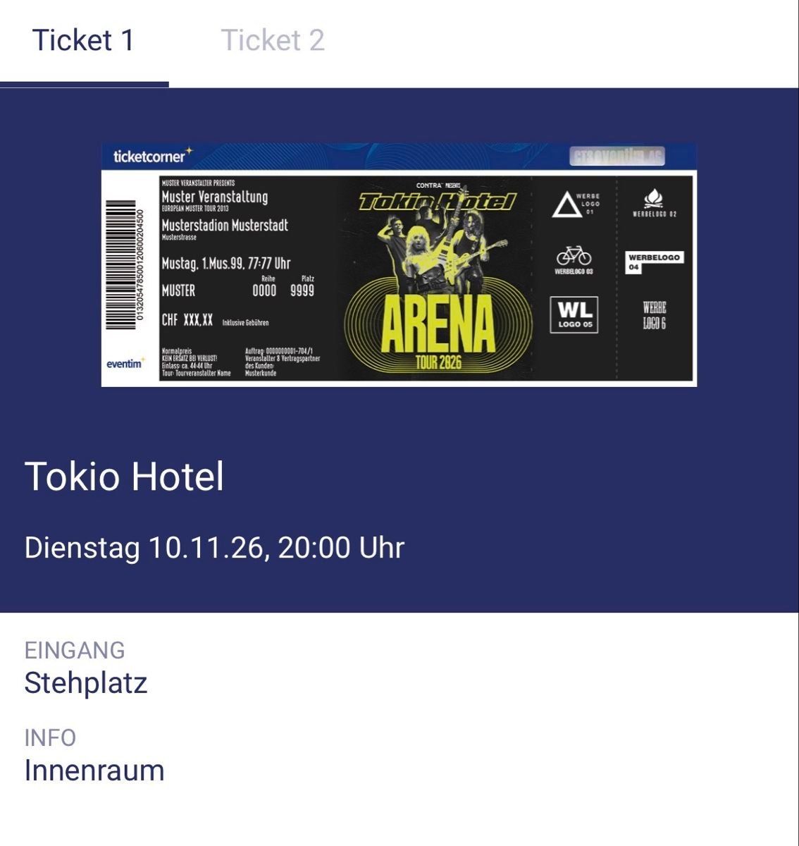 Biglietti: Tokio Hotel Ticket  - Sitzplatz, Dienstag 10.11.26, – Nuovo e nell'imballaggio originale da Eschenbach SG venduto da craniums