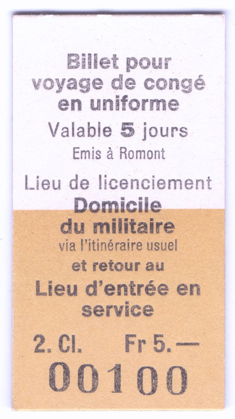 Biglietti: Billet pour voyage de congé en uniforme Romont – Usato da Langenthal venduto da Sammlungs_aus