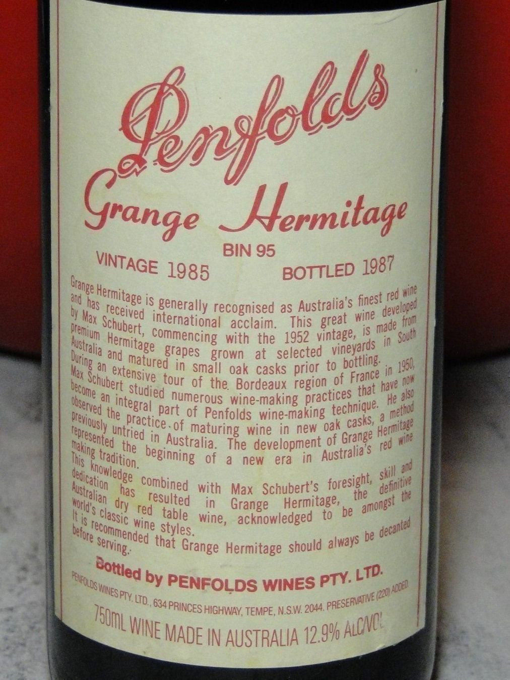 Vino: Penfolds Grange - Hermitage Bin 95 /1985er – Nuovo (secondo la descrizione) da Emmenbrücke venduto da Ulisse-22 2