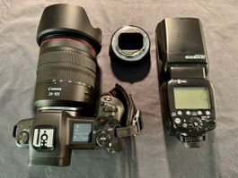 Canon eos R + RF 24-105 L f4 + speedlight 600 + ef adaptor