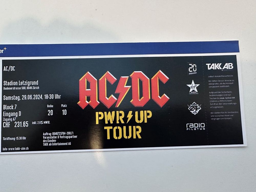 Verkauf 1 Sitzplatz AC/DC Konzert Zürich 29.06.2024 | Kaufen Auf Ricardo