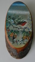 Winterliches Vogelbild auf Holzscheibe handgemacht