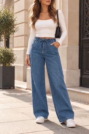 JEAN LARGE BLEU À TAILLE ÉLASTIQUE