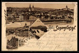 Lithographie Schaffhausen, Ortsansicht mit Rheinfall