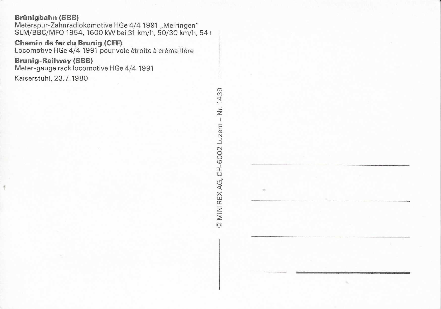 Ansichtskarten: Brünigbahn HGe 4/4 1991 – Neu (gemäss Beschreibung) aus Rothrist von Stranglehold 1