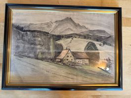 Original Farbstiftzeichnung Teufen AR – Ehrbar 1947 – gerahm