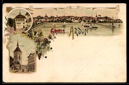 Lithographie Arbon, Gasthaus Krone mit Post und Kirche, Rath