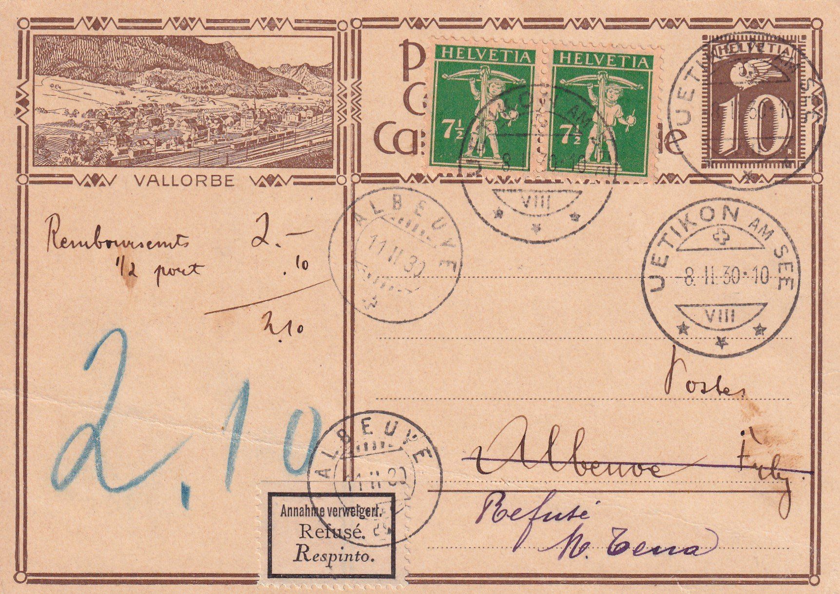 Alle Briefmarken: Bildpostkarte Vallorbe 13.11.30 – Gebraucht aus Birsfelden von chr_yq2g