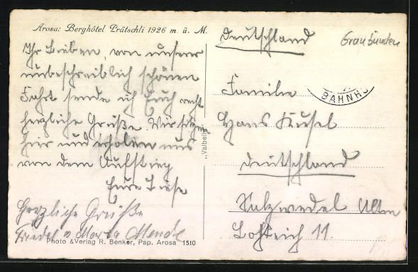 Cartoline postali: AK Arosa, Berghotel Prätschli – Usato da Berlin venduto da bartko-reher 1