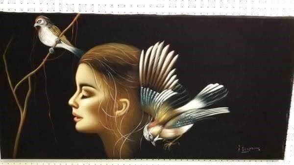 Gemälde: "Frau mit Vögel" Samt Gemälde – Gebraucht aus Zürich von Galerie-Kunst