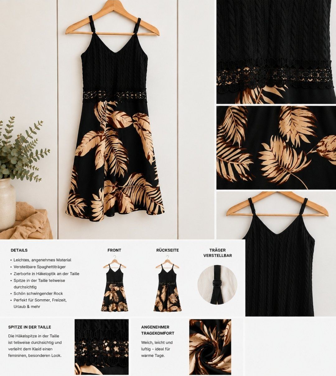 Vestiti: Schönes Sommerkleid schwarz mit Blätterprint & Häkelspitze – Usato da Rain venduto da -LUMA-